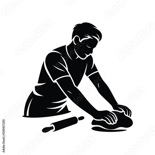 Baker kneading dough with rolling pin silhouette