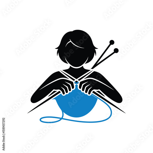 Silhouette of a woman knitting with blue yarn and needles
