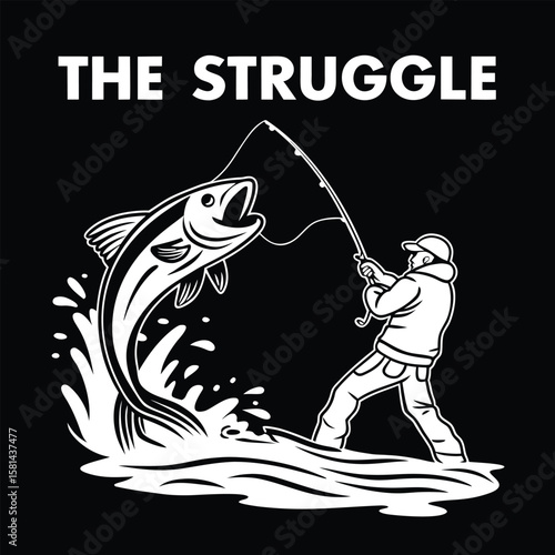 The fisherman, muscles straining, grips a taut fishing line while his boat rocks gently on dark water.