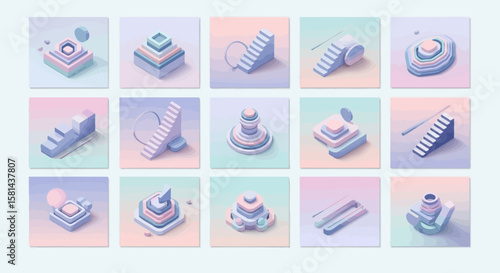 Collection of pastel-colored, isometric, abstract stair and platform designs.