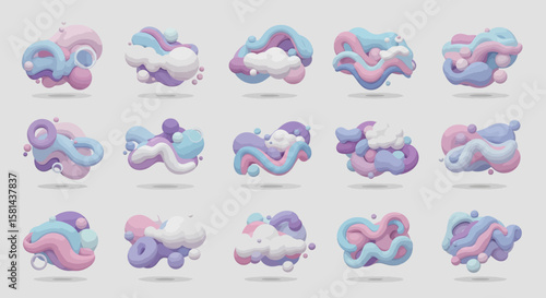 Collection of abstract, pastel-colored, fluffy, and whimsical 3D shapes floating in a grid.
