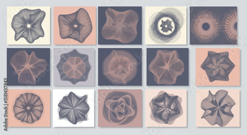 Abstract floral designs in various muted tones, arranged in a grid pattern.