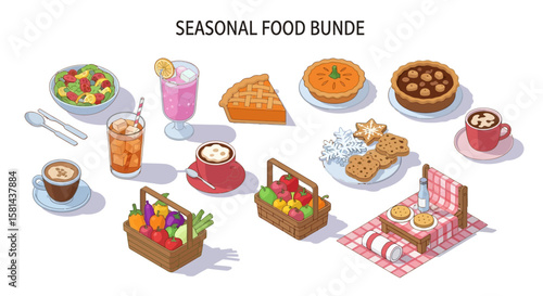 Isometric illustration of seasonal food items, including pies, drinks, and a basket of fruit, arranged for a picnic.