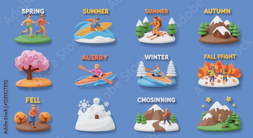 Seasonal activities depicted in charming 3D miniature scenes.