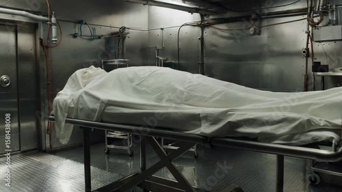 A shrouded body lies on a gurney in a cold, sterile morgue or forensic lab, emphasizing themes of death, investigation, and the aftermath of life.