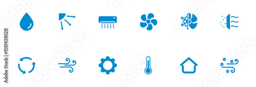 Cooling interface icon with water drops, air conditioner, fan, temperature, air purifier, ionizer.