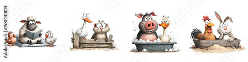 Fun watercolor barnyard animals playing and relaxing in various settings  