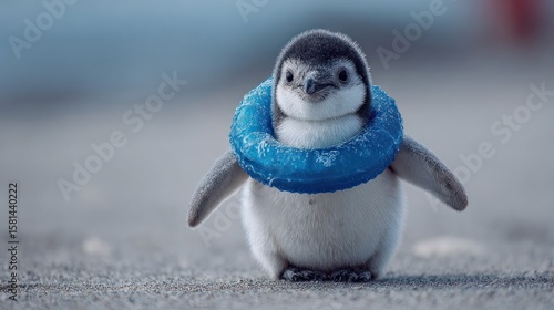 Adorable baby penguin wearing a blue inflatable ring