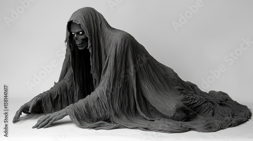 ghostly figure draped in flowing black fabric extends its hands forward Hollow eyes shine from beneath shadowed hood, evoking sense of mystery and haunting presence