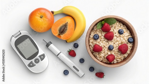 Sugar Level Testing Tools with Fruits and Healthy Foods Displayed
