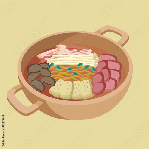 Budae Jjigae or Korean army stew. Filled with noodle, sausage, ham, tofu, kimchi, and mushrooms. Korean food flat vector illustration.