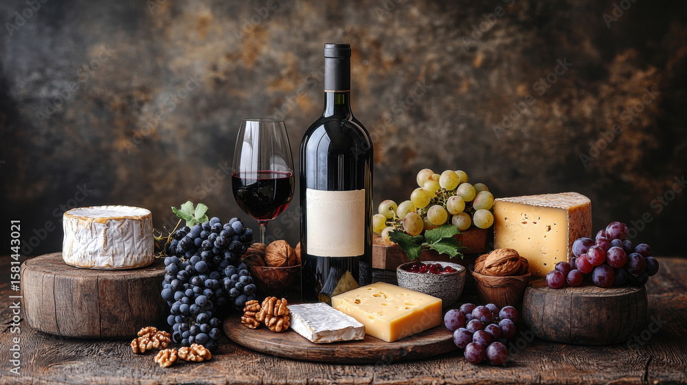 Naklejka premium rustic wooden table features aged wine bottle beside enticing selection of artisanal cheeses, fresh grapes, and walnuts soft golden lighting, inviting cozy experience