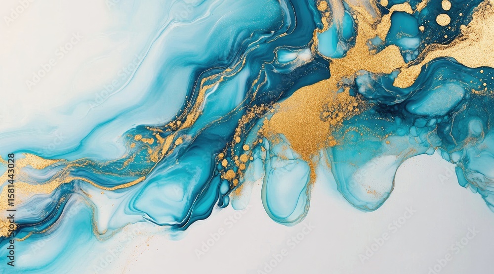 Fototapeta premium Abstract marbling artwork, teal and gold
