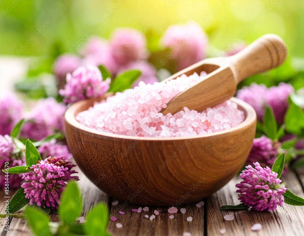 Obraz premium 핑크색 천연 입욕 소금과 허브 플라워 Pink Natural Bath Salt with Herbal Flowers