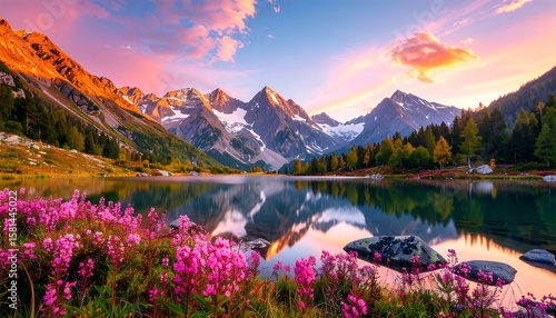 Fototapeta Naklejka Na Ścianę i Meble -  Alpine lake sunrise reflection