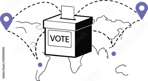 Global election participation concept with a marked location on a world map showing voting activity and democratic representation