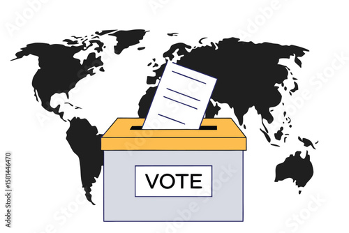 Global election participation concept showing a ballot box placed prominently on a stylized representation of the world map