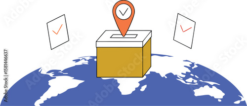 Global election polling station marker on a world map graphic representing international voting and democratic processes
