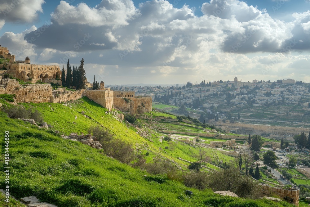 Naklejka premium Panoramic view of ancient city nestled in a valley. Lush green hills slope down to a cityscape under a partly cloudy sky