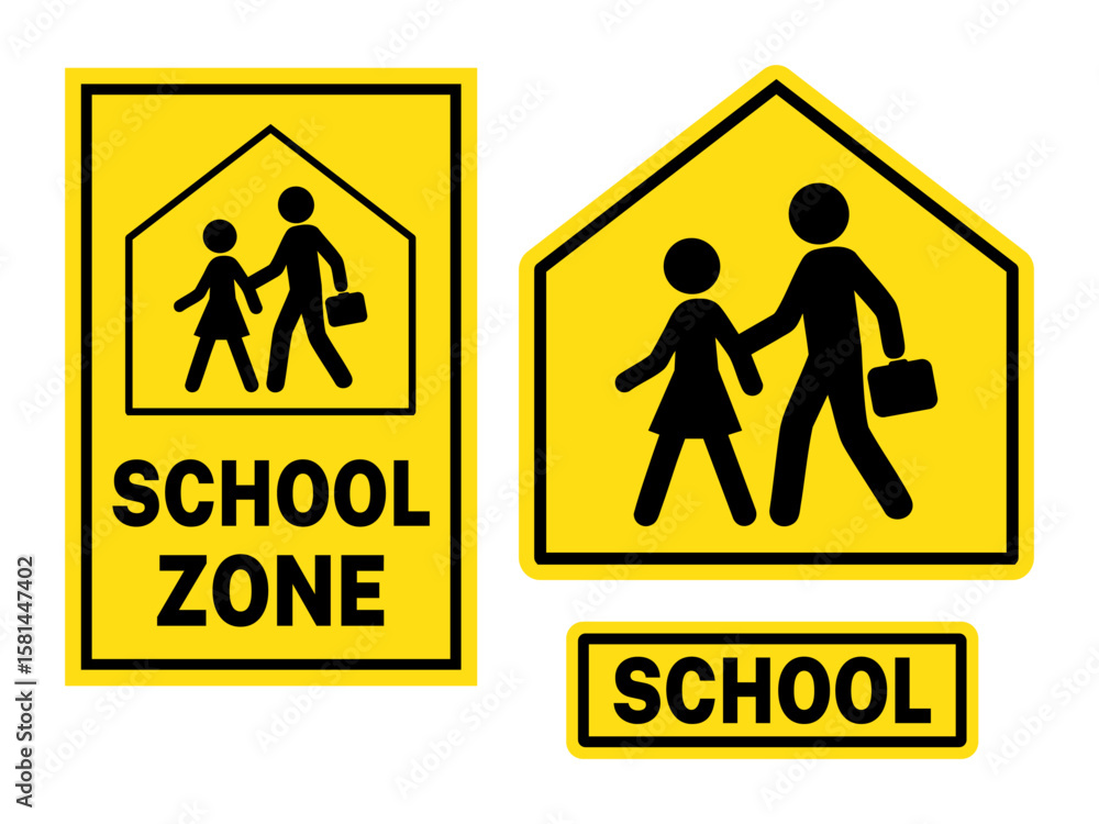 School Zone and Crossing Signs – Yellow Traffic Safety Sign Vector Set School Zone and Crossing Signs – Yellow Traffic Safety Sign Vector Set