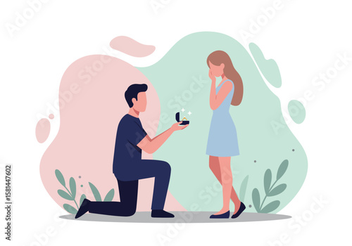 A heartwarming illustration of a man kneeling and proposing to a woman.