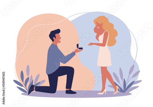 A heartwarming illustration of a man kneeling and proposing to a woman.