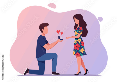 A heartwarming illustration of a man kneeling and proposing to a woman.