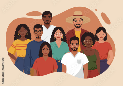 A vibrant image of a diverse group of people, representing various ethnicities and genders, standing close together in a casual, friendly pose.