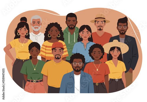 A vibrant image of a diverse group of people, representing various ethnicities and genders, standing close together in a casual, friendly pose.