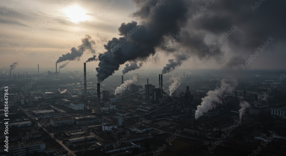 Fototapeta premium Industrial Pollution Factories Pumping Smoke into Urban Skies, Creating a Layer of Smog Over City Buildings and a Hazy Atmosphere