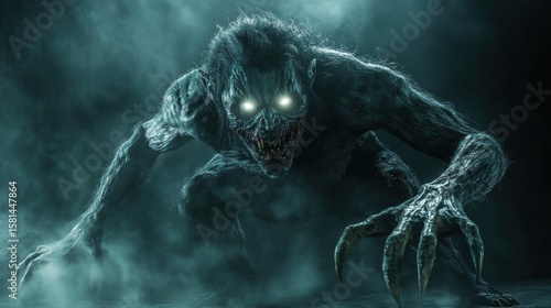 ghoul hollow glowing eyes and sharp claws looms hunched forward in dark mist filled environment, radiating hunger and malevolence creature's rotting skin adds its horror