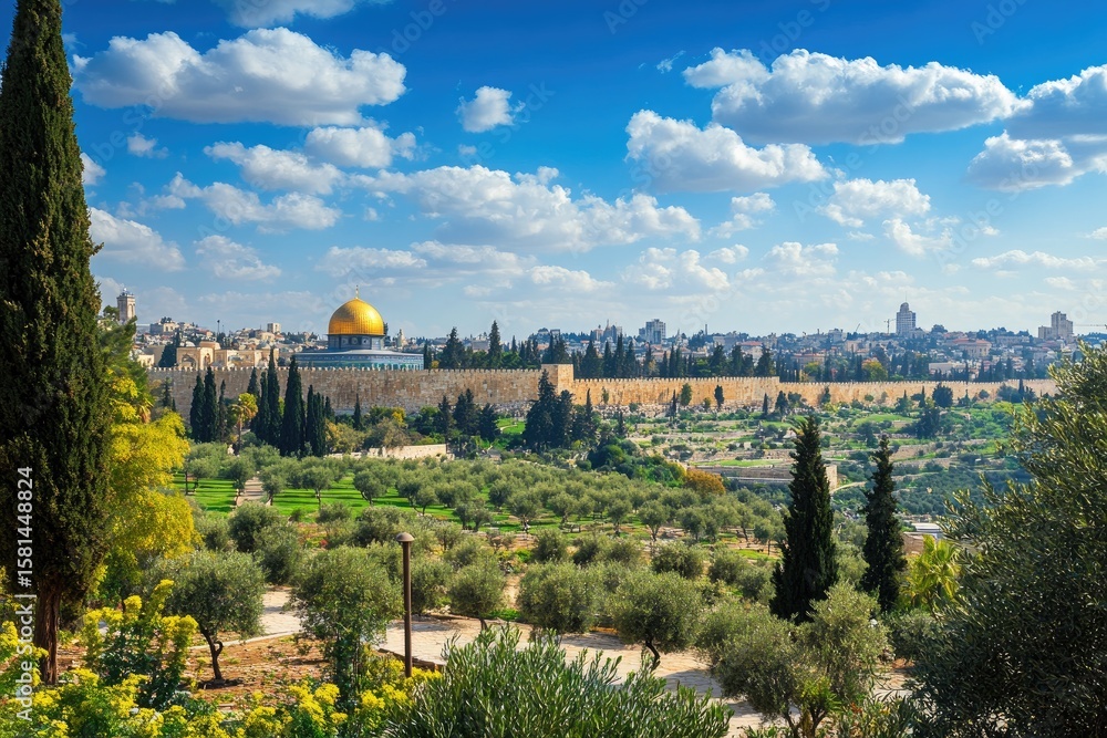 Naklejka premium Golden dome nestled in a landscape of olive groves and ancient walls under a vibrant sky
