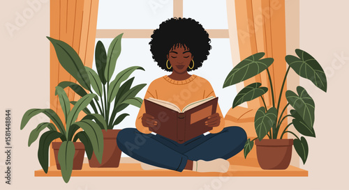 Black Woman Reading Book by Window surrounded by Plants