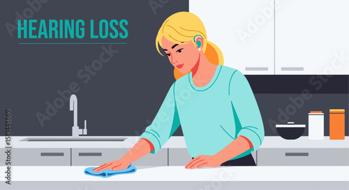 Caucasian Woman with Hearing Loss Cleaning Kitchen