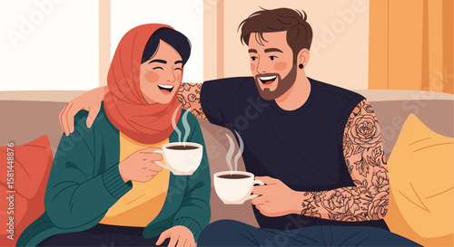 Diverse Couple of Muslim Woman and Tattooed Caucasian man Enjoying Coffee on Sofa