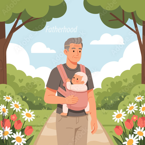 Senior father with Baby in Carrier in Park