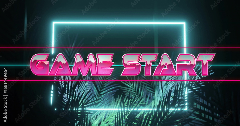 Obraz premium Bold pink neon GAME START sign glowing in retro-futuristic digital set, with neon and palm fronds