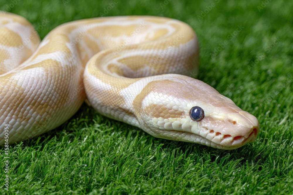 Fototapeta premium A tan white python resting on green grass The snake is coiled with its head in the foreground showing its dark eye
