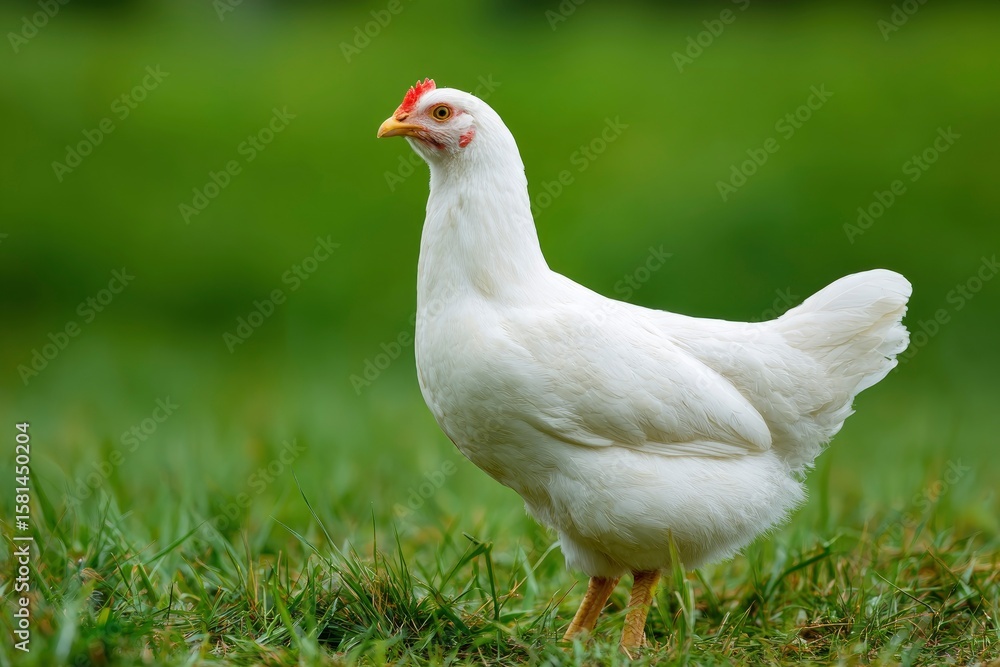 Fototapeta premium White chicken stands in a grassy field with a blurred green background Its beak is yellow and its comb is red