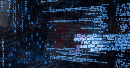 Displaying floating code overlay in cybersecurity dashboard, with glowing wireframe mesh and nodes