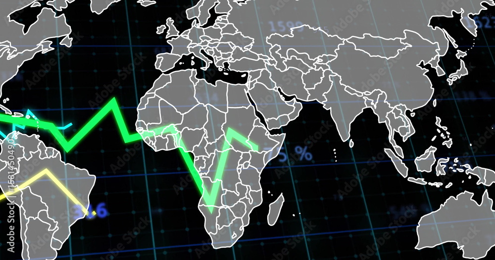 Obraz premium Displaying outline world map tracing green and yellow trend lines in dashboard with percent symbols