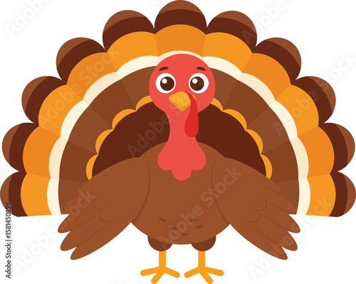 A cheerful cartoon turkey displays its vibrant plumage.