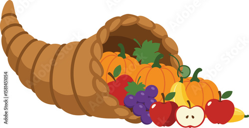 A cornucopia overflowing with autumnal fruits and vegetables, a symbol of abundance.
