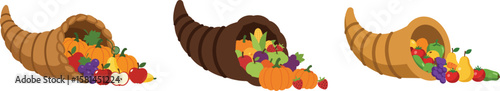 Three cornucopias overflowing with various fruits and vegetables, representing abundance and harvest.