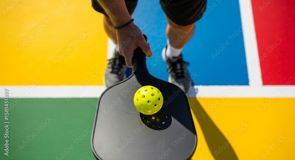 Fototapeta premium Pickleball in Action: A close-up shot shows a person poised to serve with a pickleball paddle and ball set against a colorful court, capturing the dynamic energy of the sport.