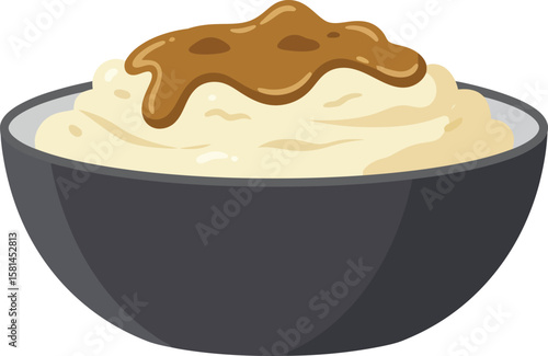 Creamy mashed potatoes in a dark bowl topped with brown gravy.