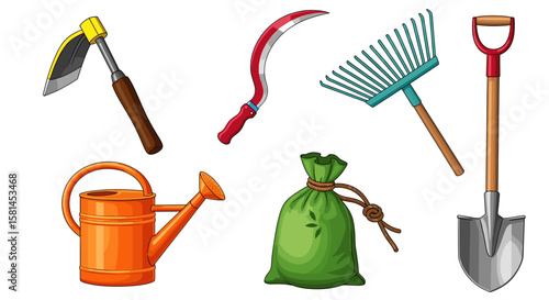 Assortment of gardening tools including a hoe, sickle, rake, shovel, watering can, and seed bag