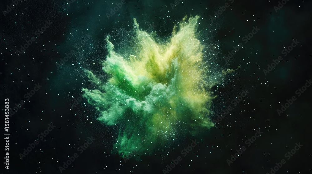 Obraz premium Exploding nebula of vibrant green and yellow powder against a dark starry night sky