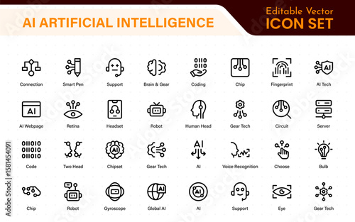 Set of Ai artificial intelligence icon set vector collection. AI Essentials line Icon collection, artificial intelligence icon set in line style, machine learning, smart robotic Free Vector
