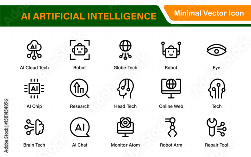 Set of Ai artificial intelligence icon set vector collection. AI Essentials line Icon collection, artificial intelligence icon set in line style, machine learning, smart robotic Free Vector